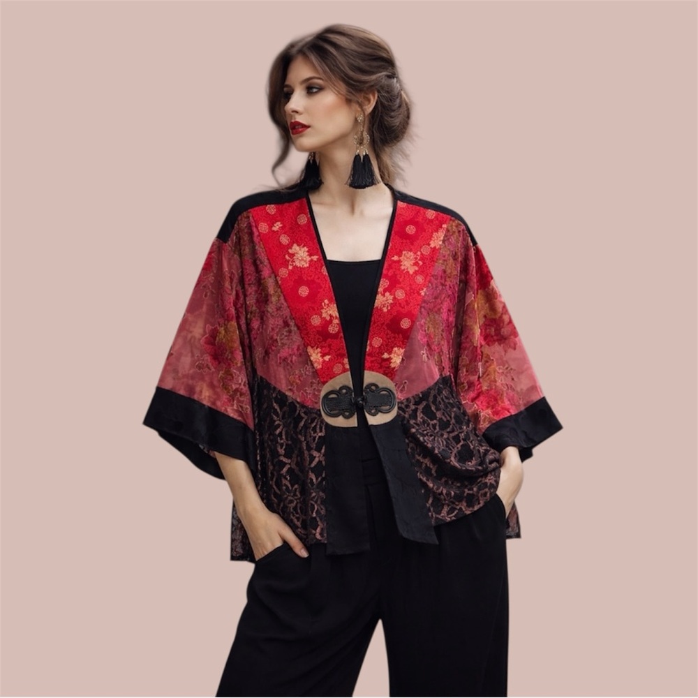 Spencer Alexis Burnout Velvet Kimono Top Jacket Satin Lace Sheer Boho Med Vtg